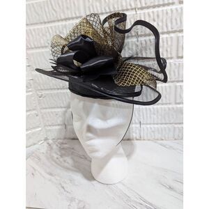 Chapeau Creations Women's Black Mesh Gold Embellished Hat in Box